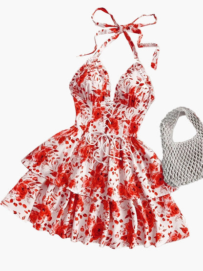 Women's summer dress in bohemian style with ruffles, halter neck, floral print, perfect for evenings and parties