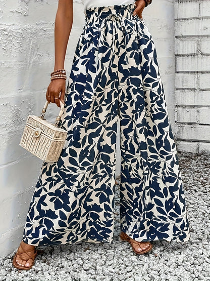 Bredt damebukser i boheme chic-stil med højtaljet løvprint til sommerlige lejligheder og elegante udflugter