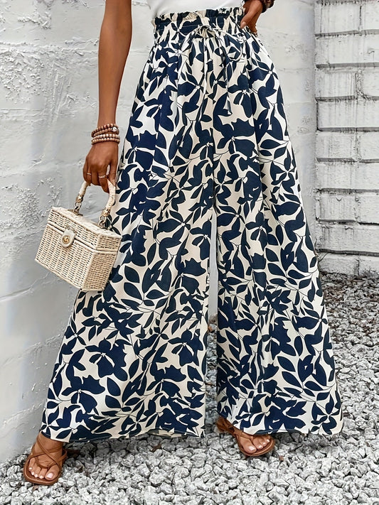 Wide-leg women's pants, chic bohemian style, high waist with foliage print for summer occasions and elegant outings