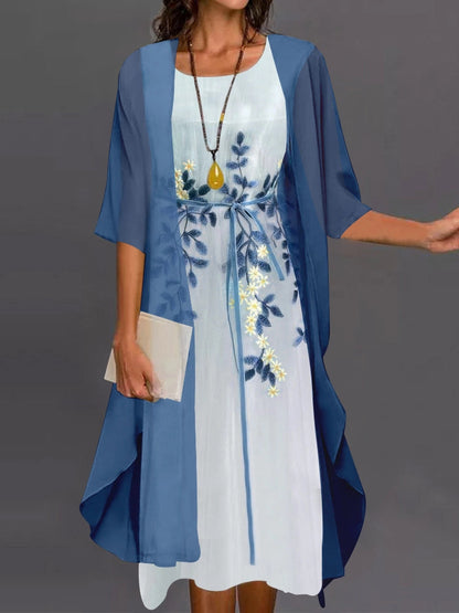 Robe élégante deux pièces style soirée pour femme, ensemble chic avec veste fluide, idéal cérémonies et événements