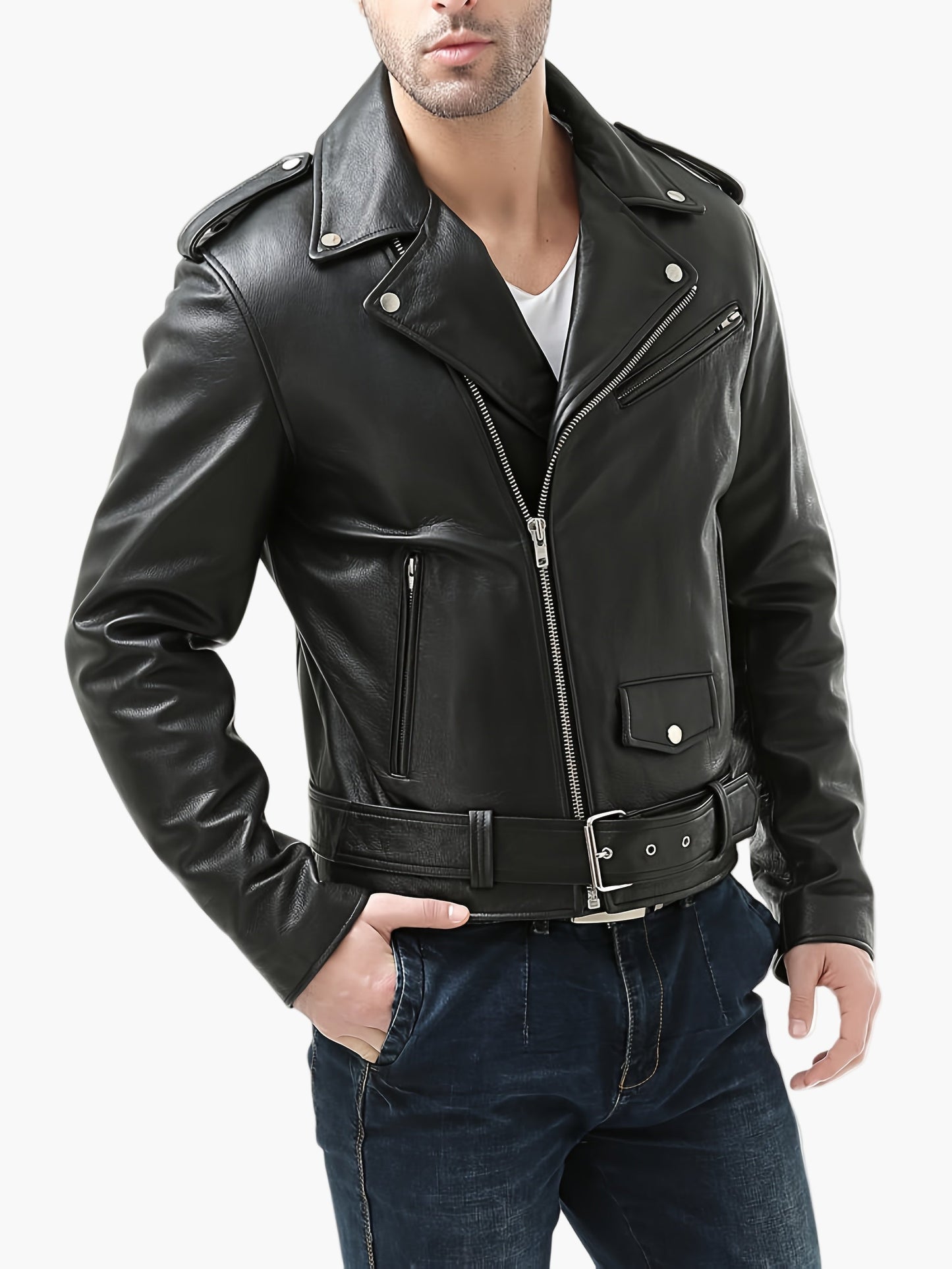 Veste Motard Homme Style Vintage à Fermeture Zippée pour Look Urbain