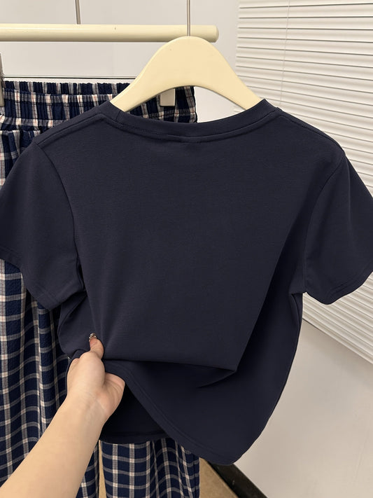 Women's summer pajamas cute style short-sleeve top and plaid pants