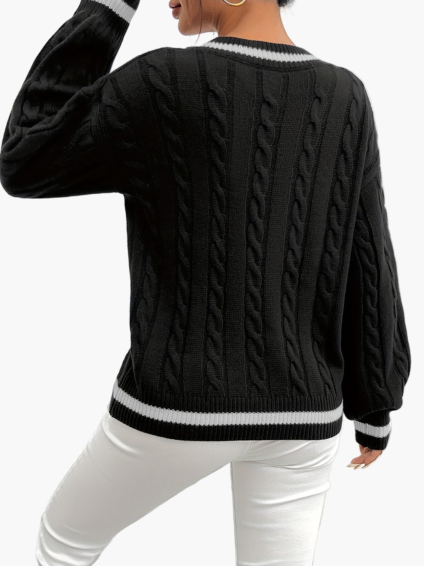 Pull élégant à torsades col V femme style universitaire automne hiver