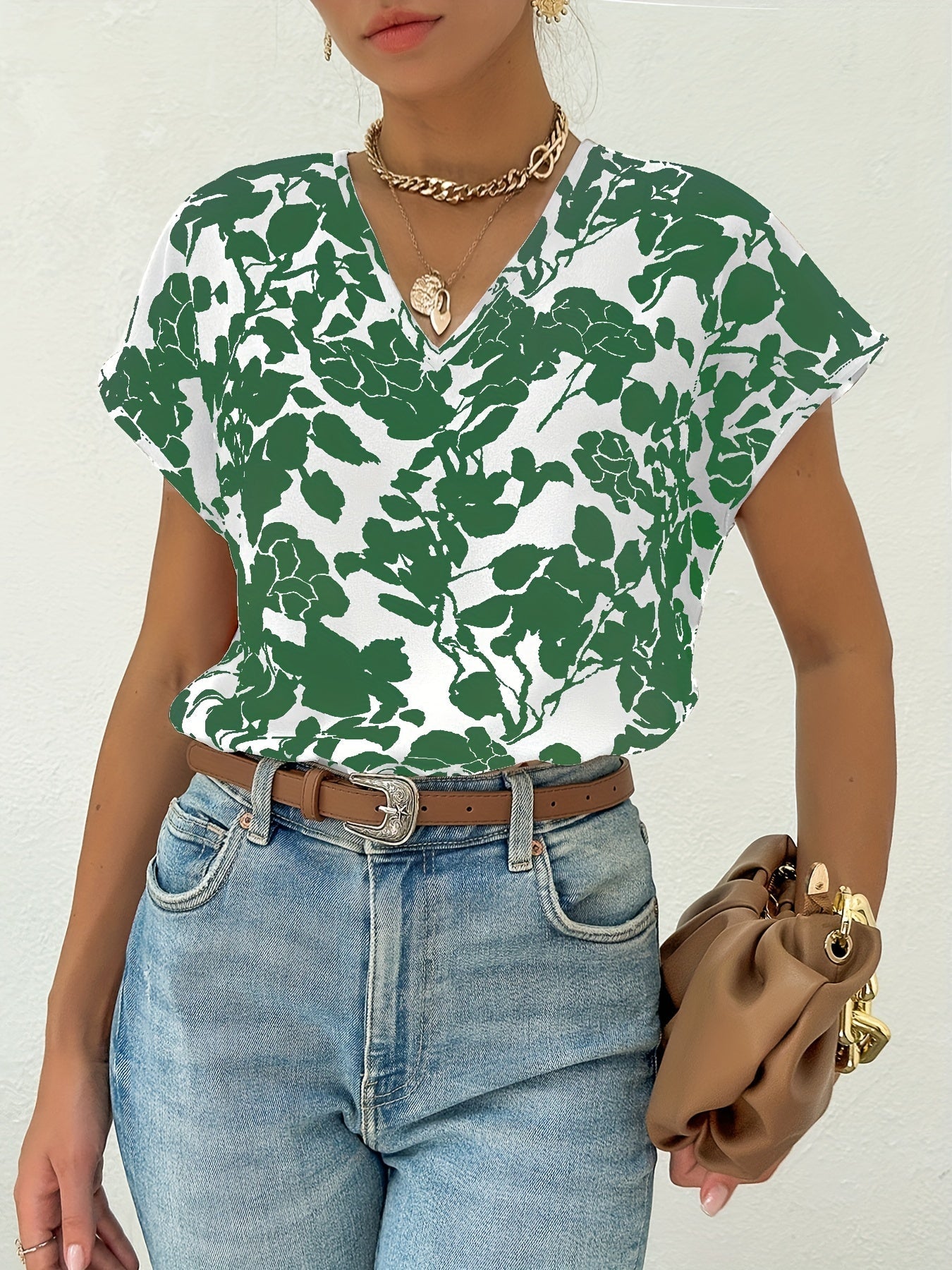 Blouse Femme Élégante Style Floral Col V pour Usage Quotidien et Professionnel