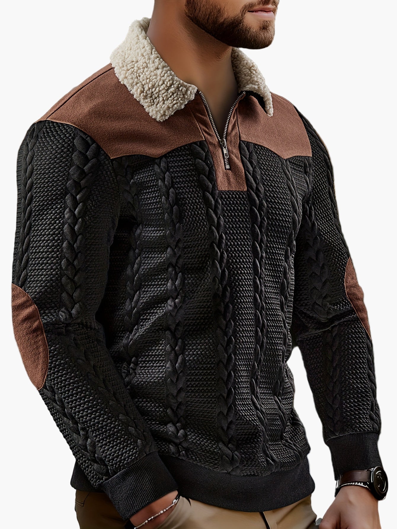 Pull à col sherpa zippé pour homme style casual urbain
