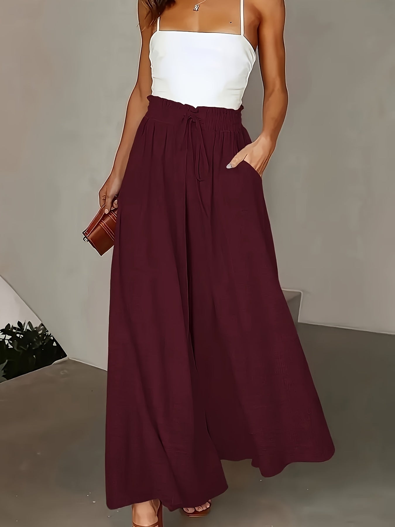 Jupe longue large taille haute avec poches pour femme – Style décontracté chic printemps/été