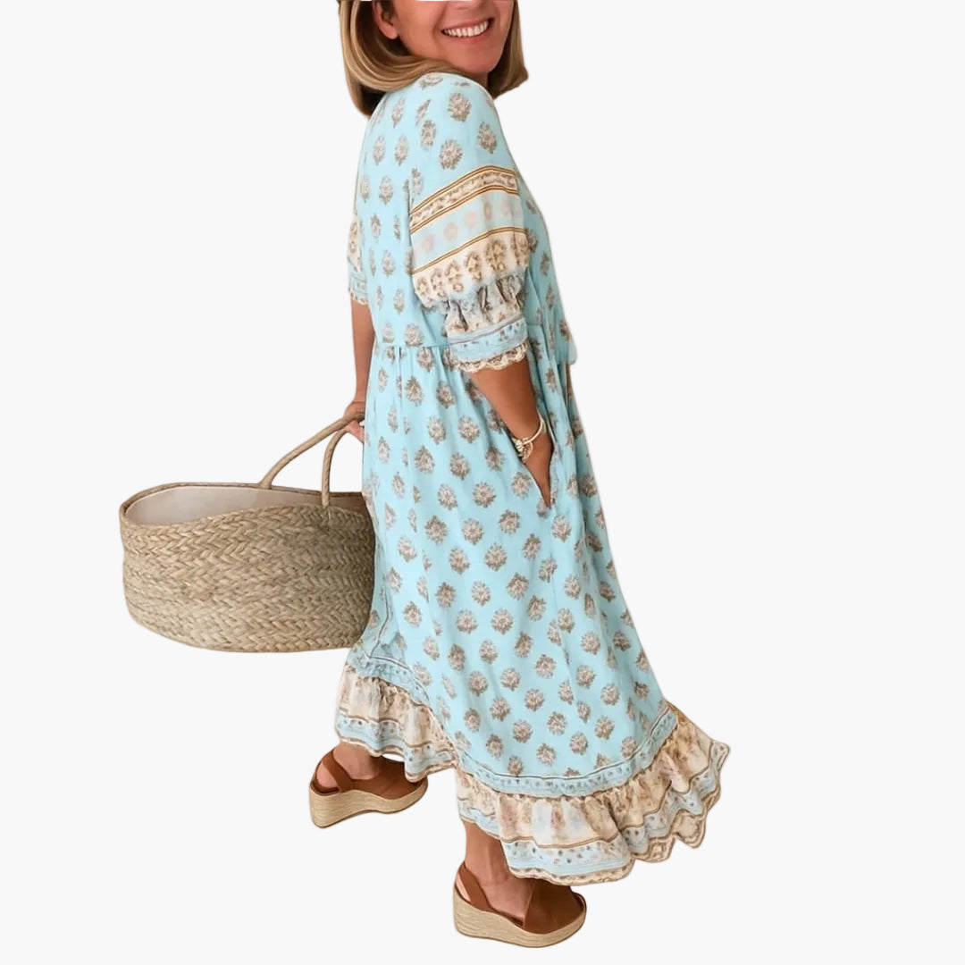 Vestito a mezza lunghezza bohémien da donna, stile informale con stampa e tasche