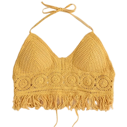 Top Femme Boheme Stil med Frynser til Sommer – Hæklet Rygfri Festivaltop