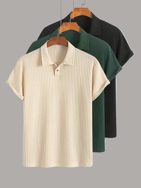Set van 3 heren polo's met korte mouwen in casual chique stijl en klassieke kraag – textuurpolo's voor dagelijks gebruik