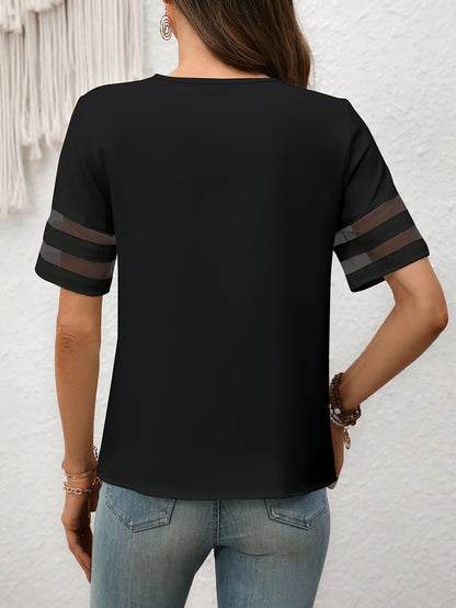 Blouse Femme Élégante à Motifs Fleurs Rétro Col Asymétrique Manches Courtes - Style Décontracté Chic