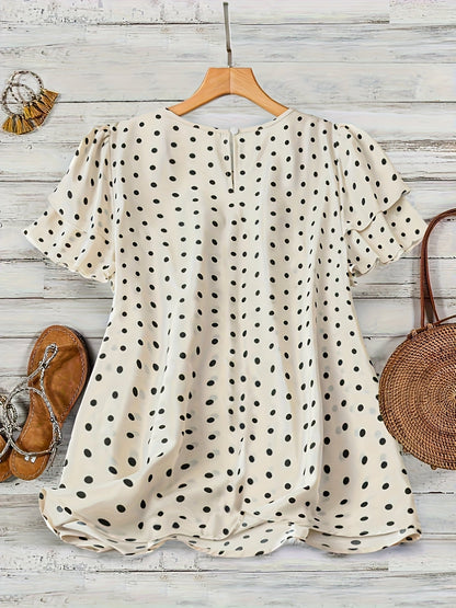 Blusa femminile a pois stile elegante con maniche corte e collo rotondo per l'estate