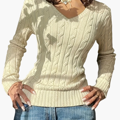 Pull Femme Style Casual à Col V et Motif Câble - Élégance Quotidienne