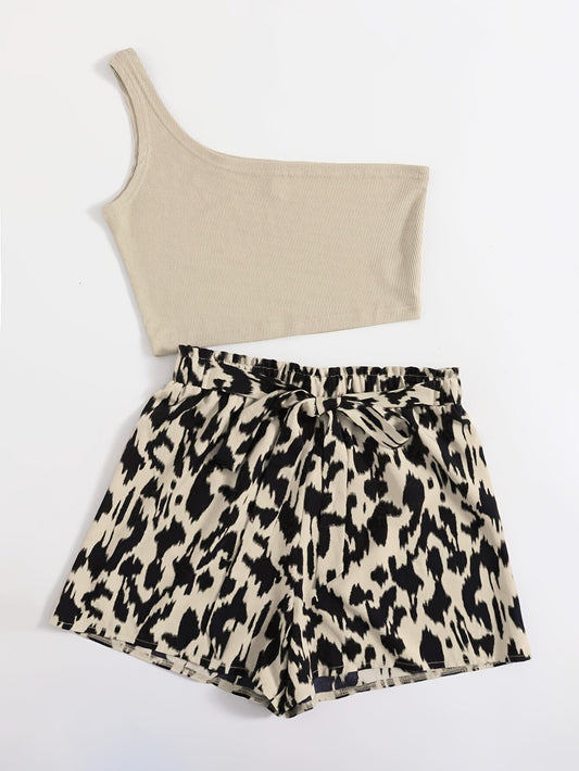 Trendy Elegant Women's Set – Asymmetric Top and Leopard Print Shorts, Summer Style