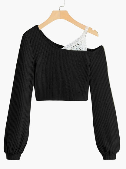 Women's short dress asymmetrical style with one shoulder exposed and lace detail – Trendy casual fashion
