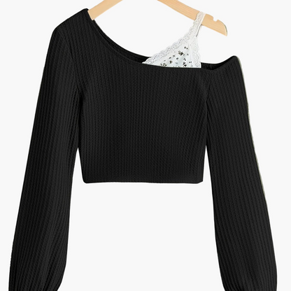 Women's short dress asymmetrical style with one shoulder exposed and lace detail – Trendy casual fashion