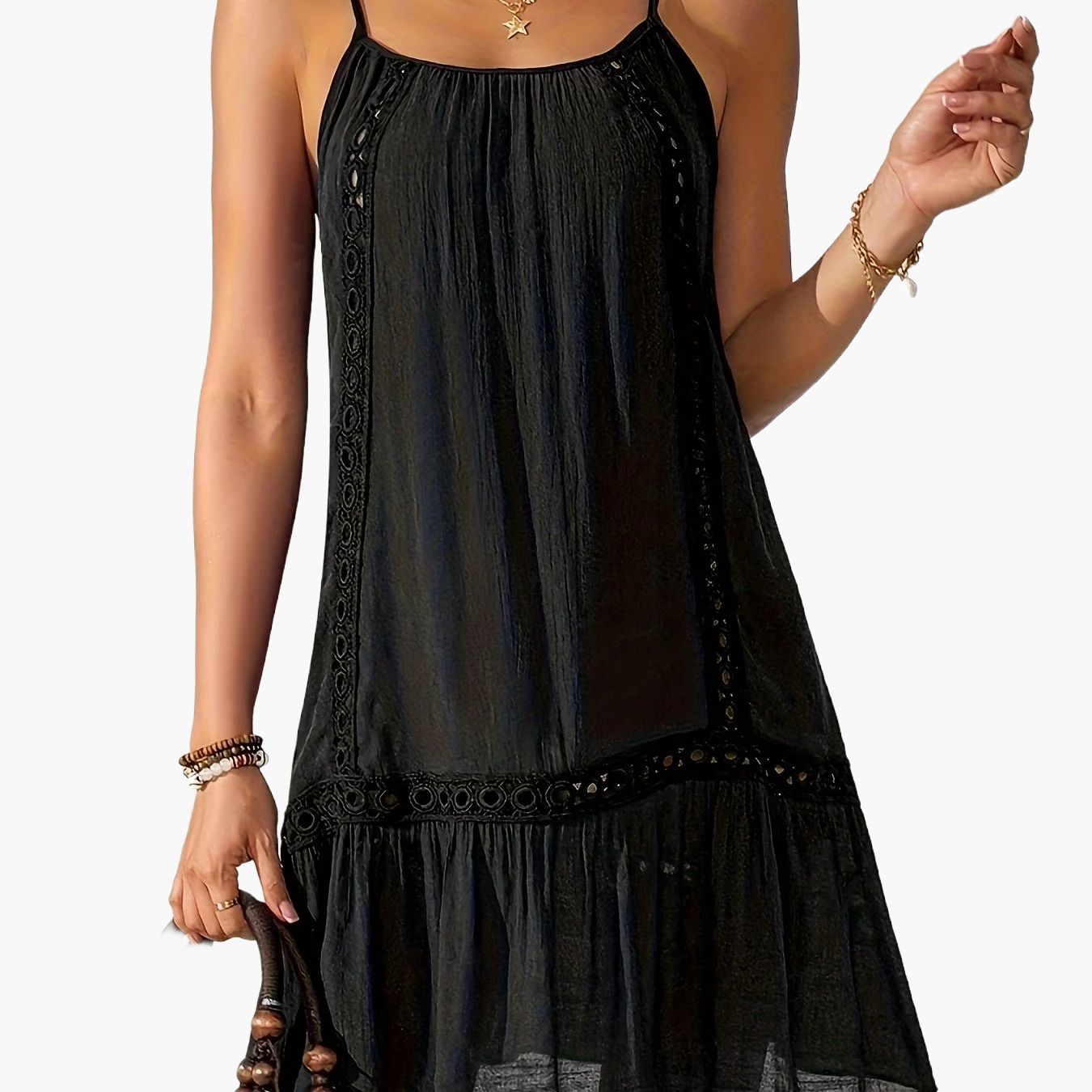 Vestido de verano para mujer estilo bohemio con tirantes finos, look casual chic, ideal para playa y vacaciones