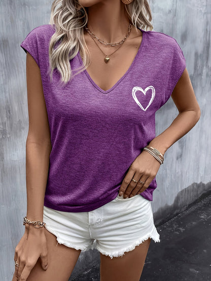 Dames T-shirt met V-hals en hartmotief, zomerse stijl