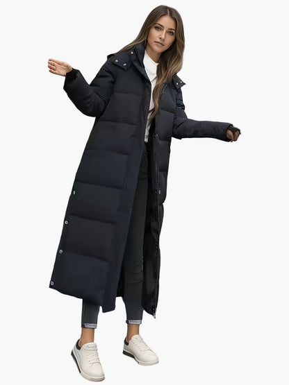Manteau long matelassé à capuche pour femme, style élégant hiver, usage urbain et décontracté