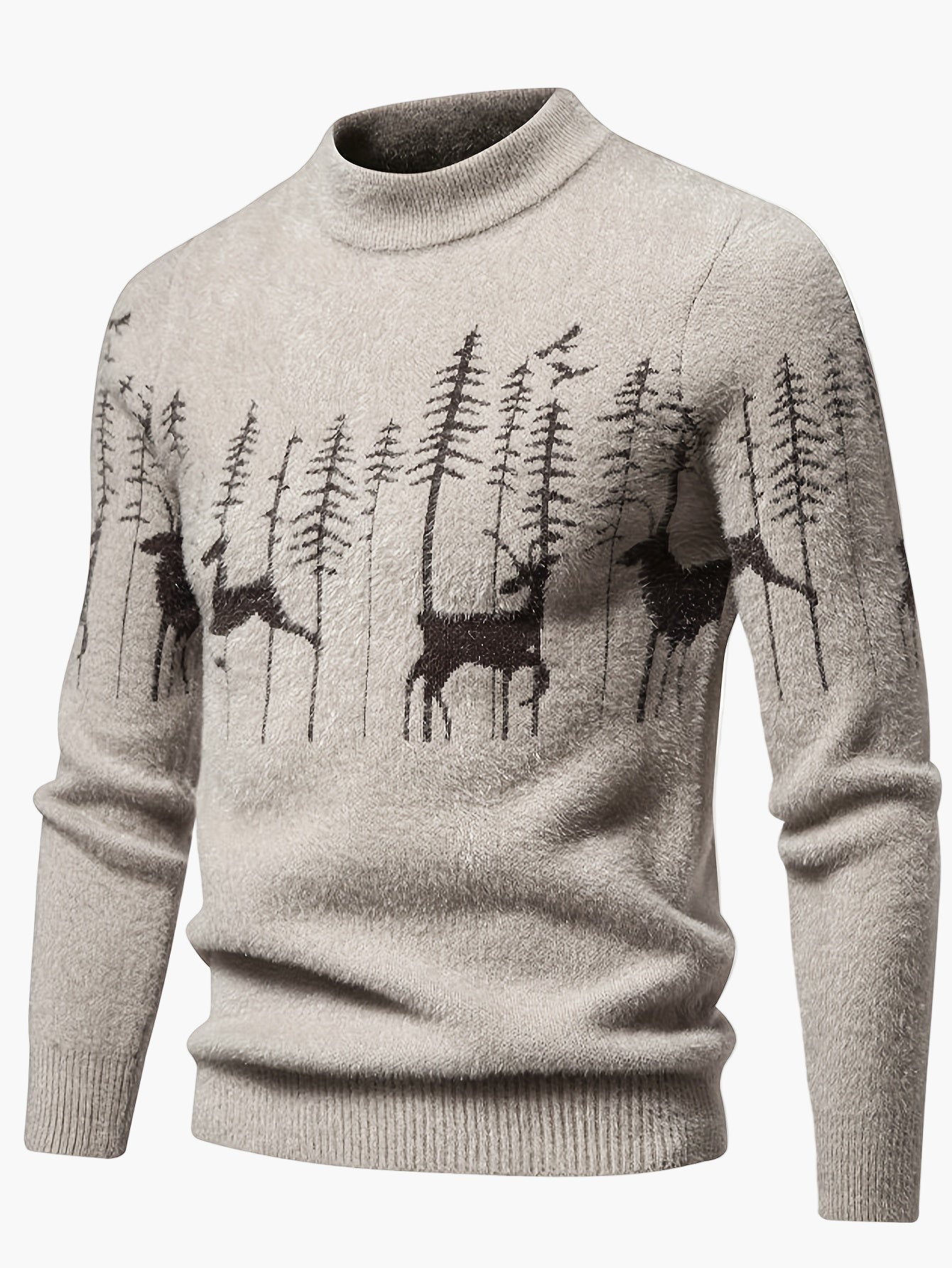 Pull homme style nordique à col rond, motif cerfs et forêt, hiver décontracté