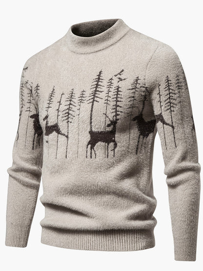 Pull homme style nordique à col rond, motif cerfs et forêt, hiver décontracté