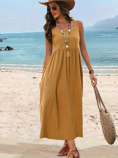 Robe Femme Midi Style Bohème Col Carré Sans Manches pour Vacances