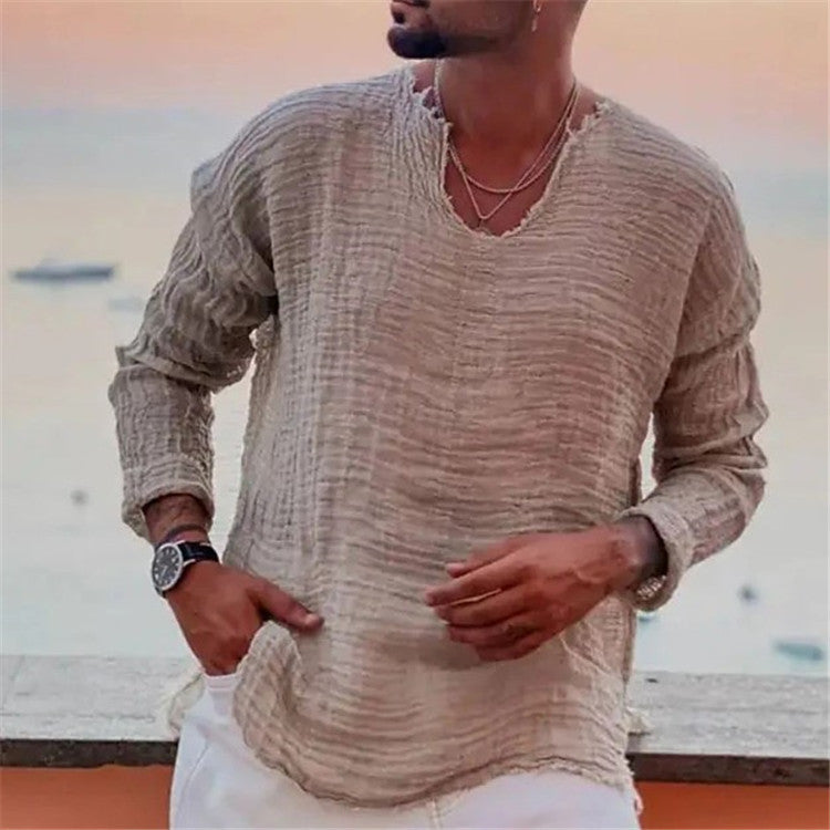 Ken – Chemise décontractée à col rond en couleur unie avec bords effilochés