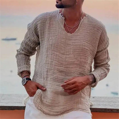 Ken – Chemise décontractée à col rond en couleur unie avec bords effilochés