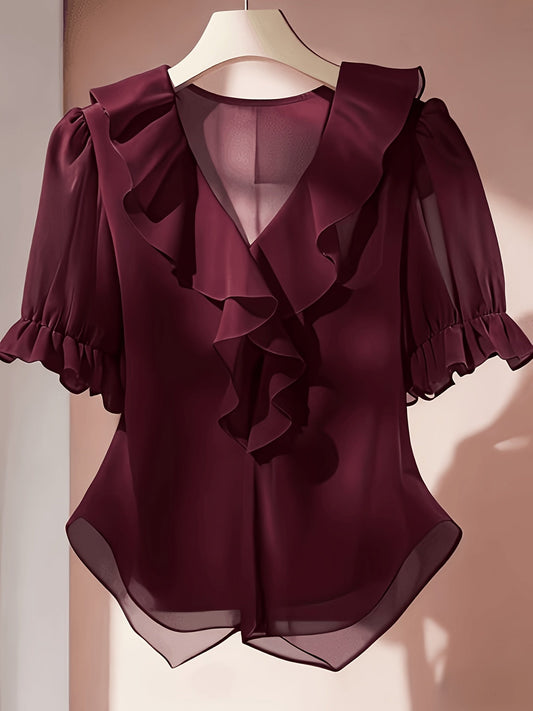 Blusa donna elegante con volant stile romantico per ufficio e serata