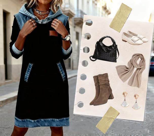 Robe décontractée style sweat à capuche avec détails en denim pour femme