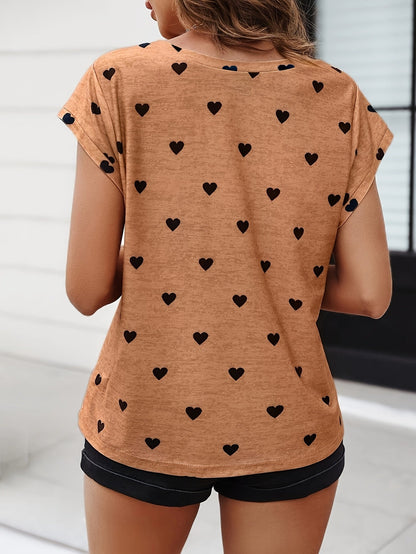 Elegant women's T-shirt with heart print, V-neck, summer chic style