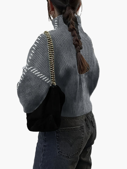 Pull femme style décontracté col montant manches larges détails couture tendance automne hiver