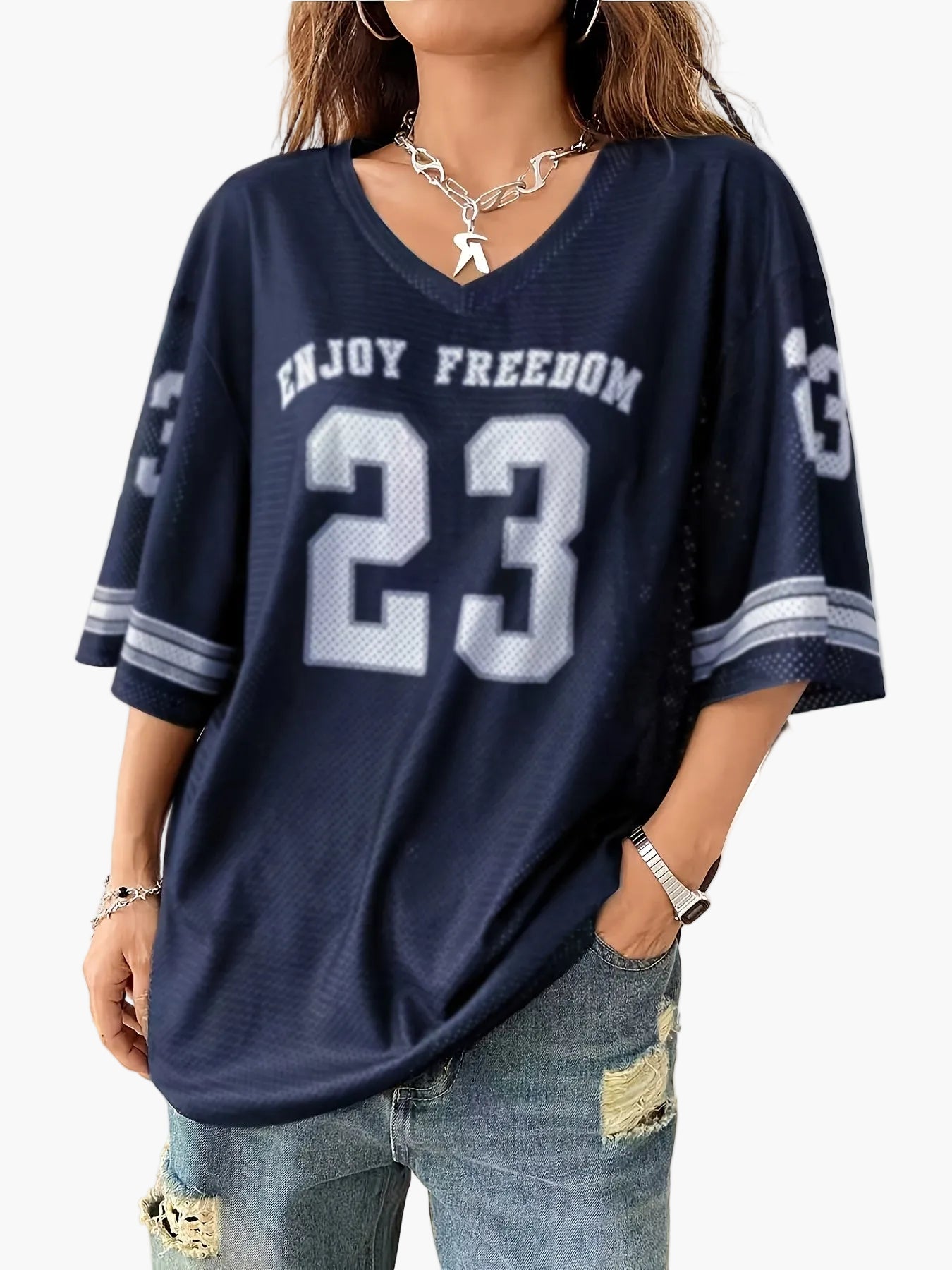 Oversized T-shirt streetwear för kvinnor, avslappnad stil, tryck med nummer 23