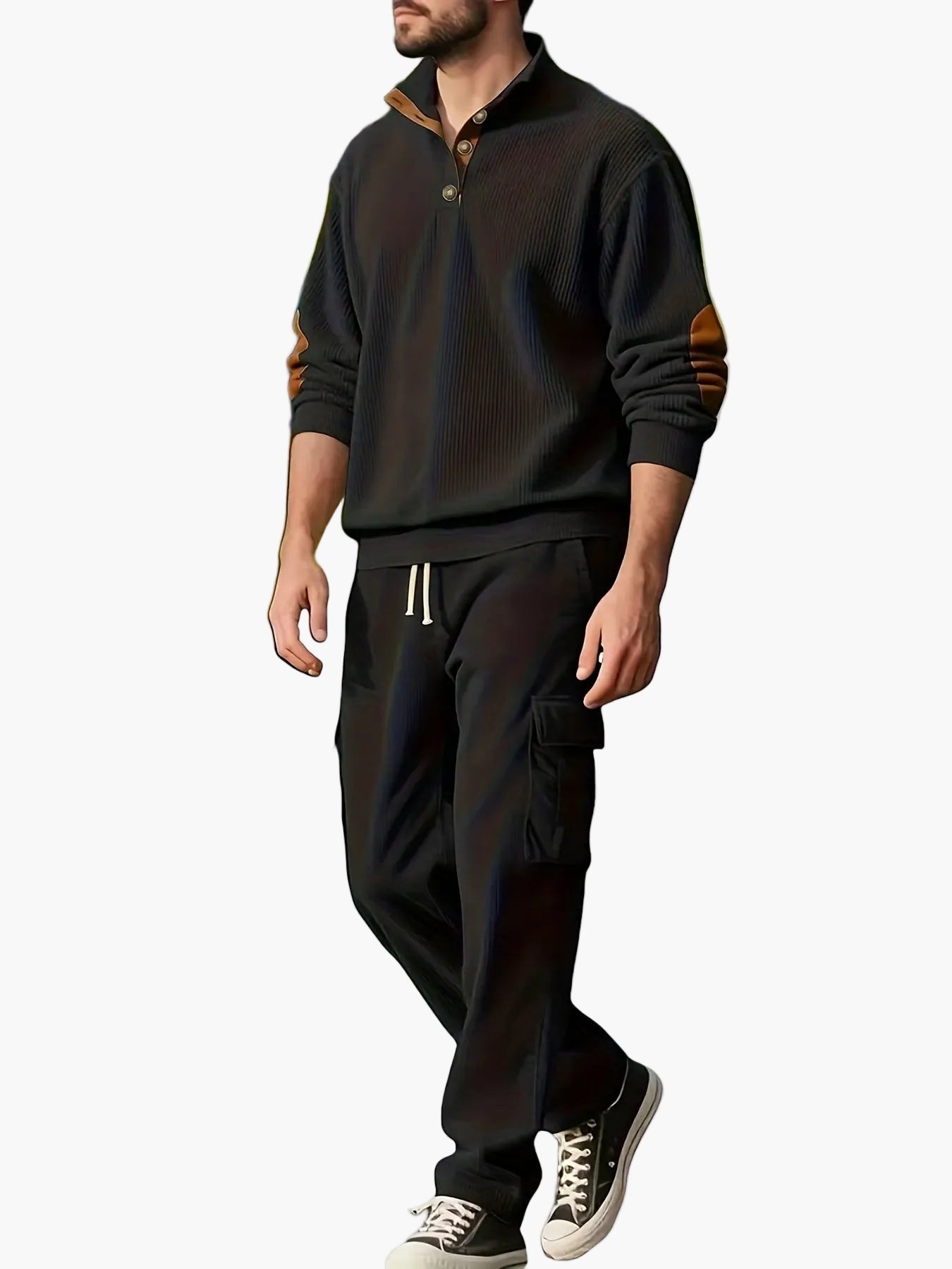 Ensemble de survêtement décontracté pour homme, style automne/hiver, col à boutons et pantalon cargo