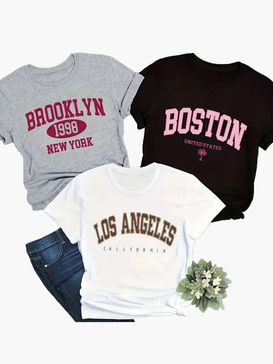 Lot de 3 t-shirts style universitaire imprimés villes pour femme - Casual tendance