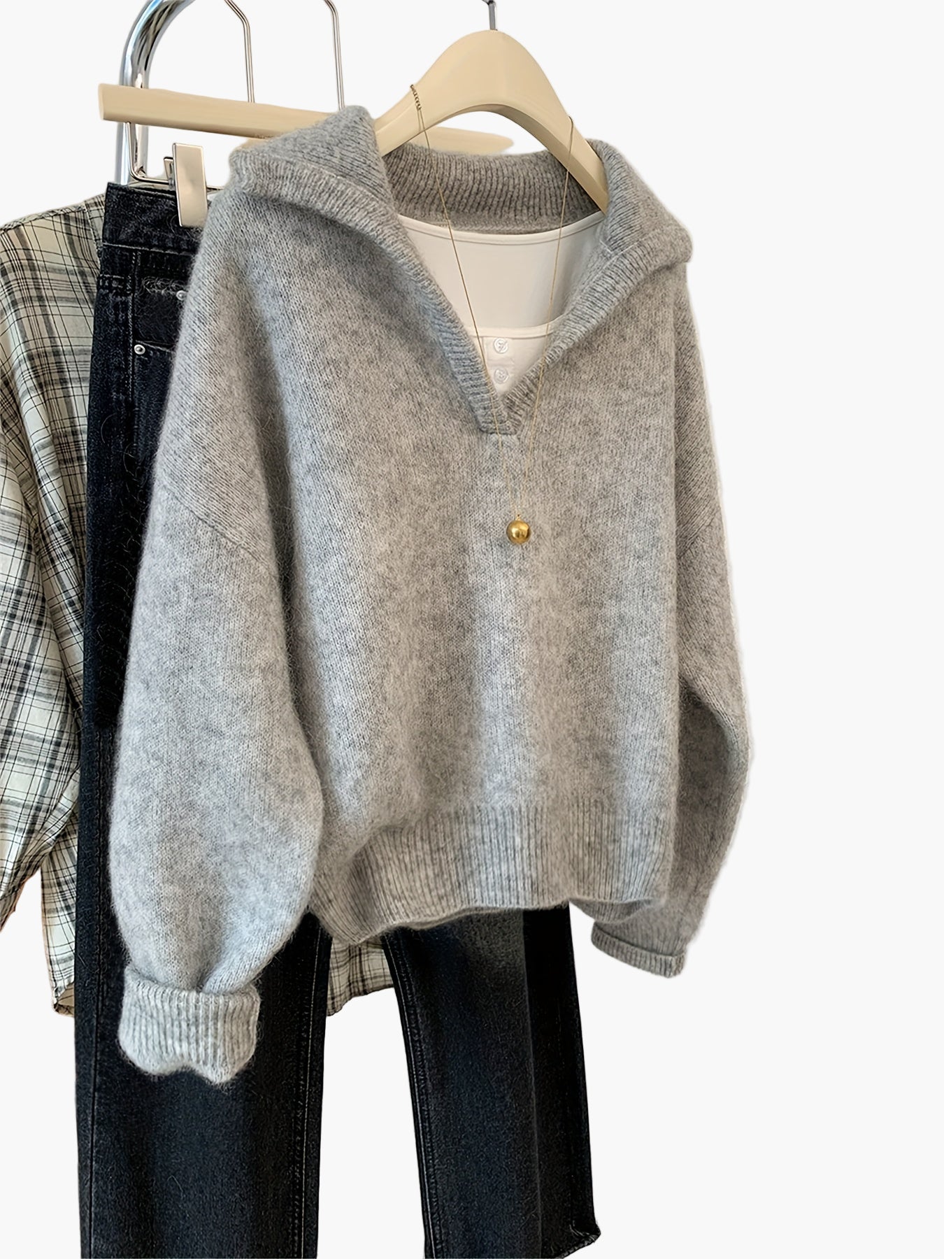 Pull vintage à col V style décontracté pour femme - idéal automne hiver