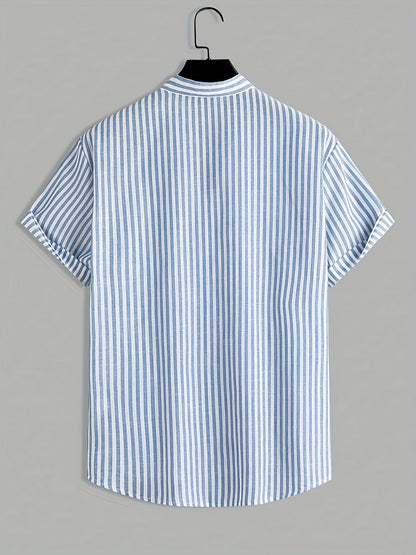 Camisa casual de manga corta para hombre, estilo veraniego a rayas, cuello alto, ideal para el verano