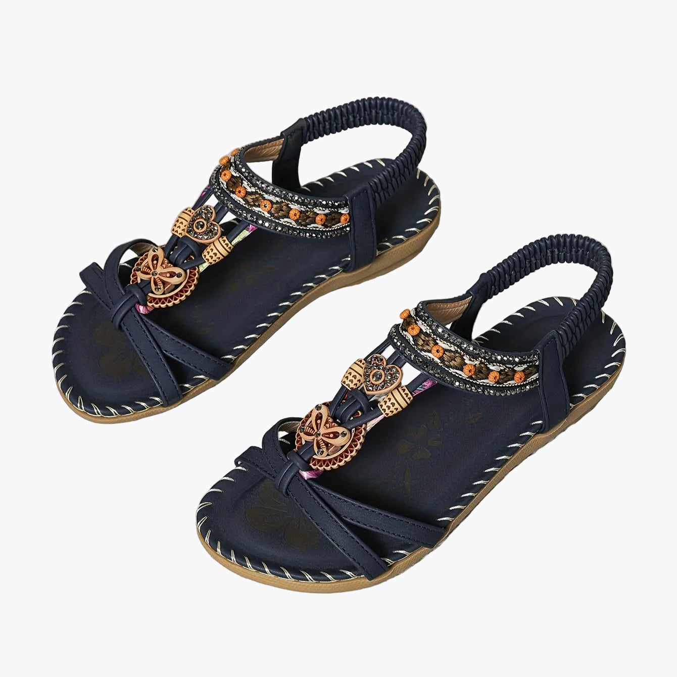 Women's Bohemian Slip-On Sandals with Ornaments and Ankle Strap - Casual Chic Style