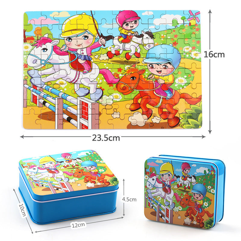 Puzzle en Bois Éducatif pour Enfants – Coffret Métal – Jeux d’Assemblage Animaux, Véhicules et Scènes de la Vie – Mixte 3 Ans+