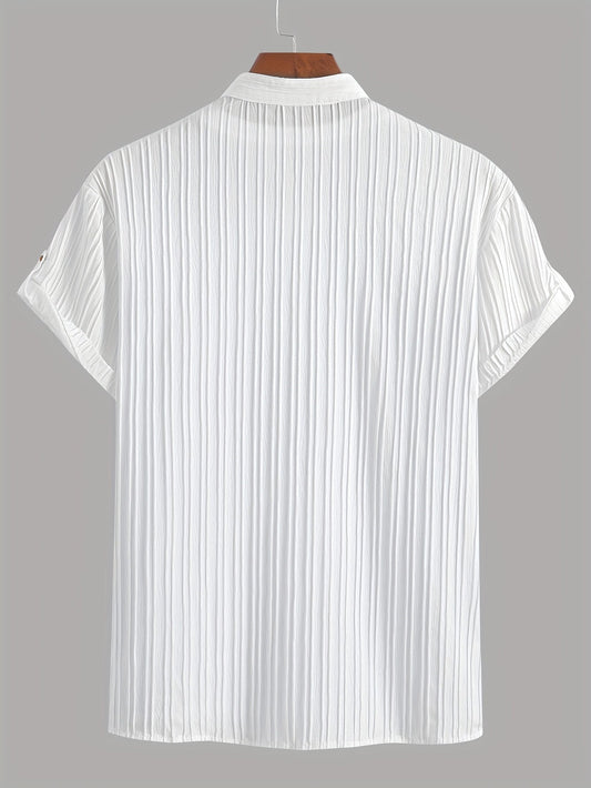 Men's casual short-sleeve shirt with a mandarin collar, modern pleated style for summer and leisure