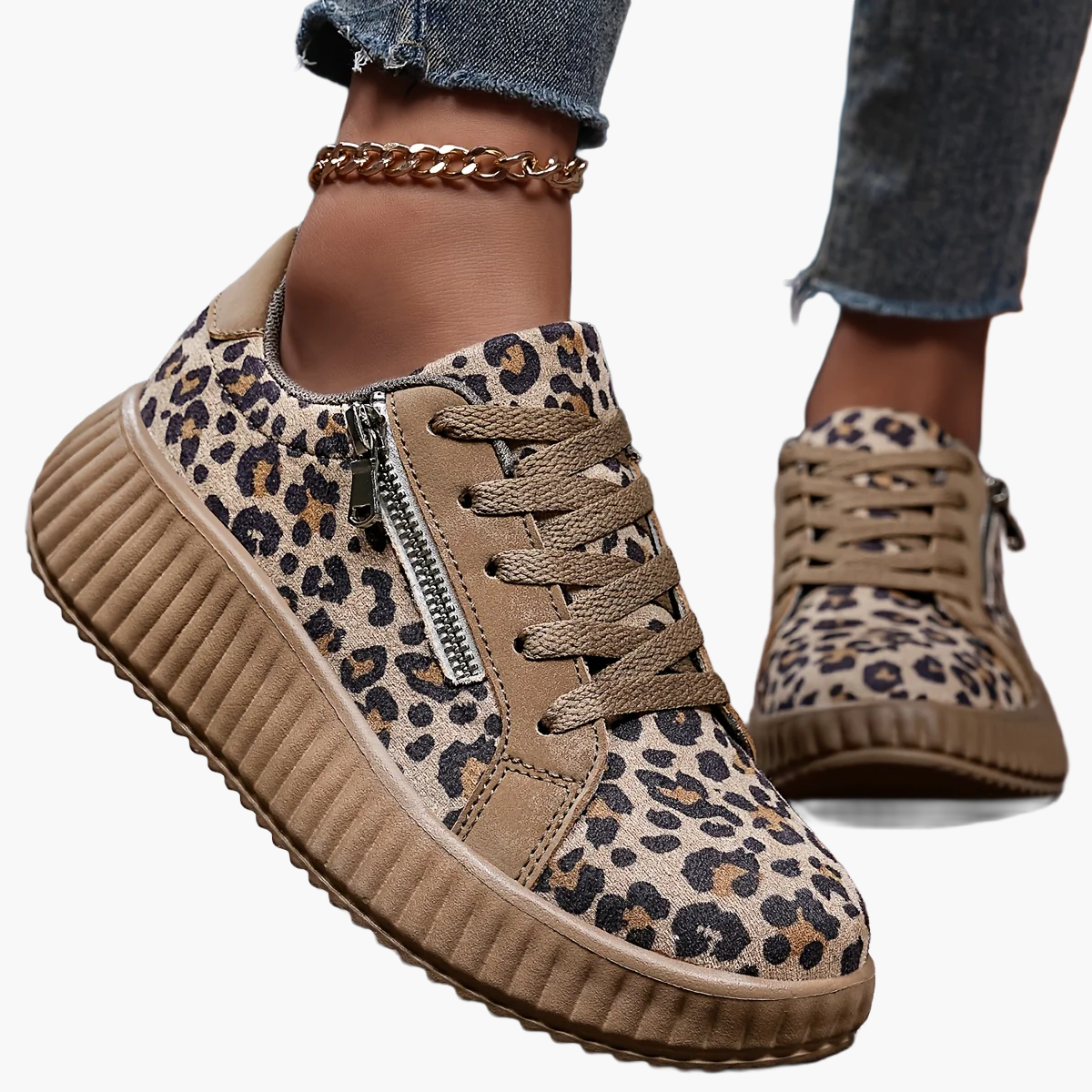 Sneakers Donna Leopardo alla Moda con Lacci, Zeppa e Cerniera - Stile Urbano Casual
