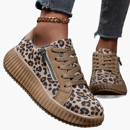 Sneakers Donna Leopardo alla Moda con Lacci, Zeppa e Cerniera - Stile Urbano Casual
