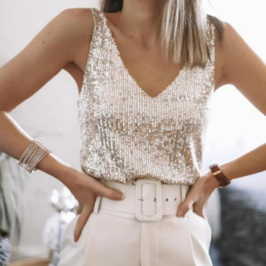 Débardeur Femme Élégant à Sequins Style Socialite pour Soirée et Sorties