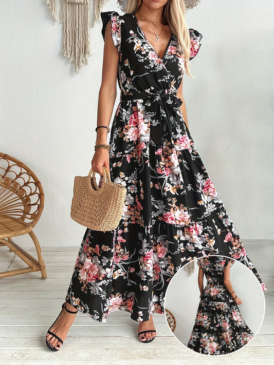 Abito lungo incrociato floreale stile vacanze da donna