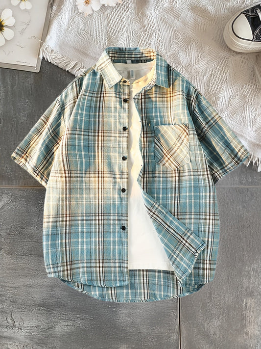Men's short-sleeve casual plaid shirt