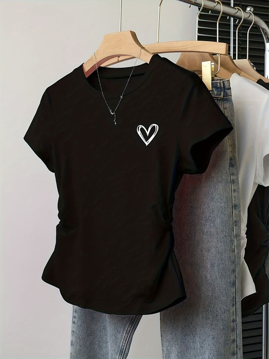 T-shirt donna taglio aderente motivo cuore stile casual e alla moda