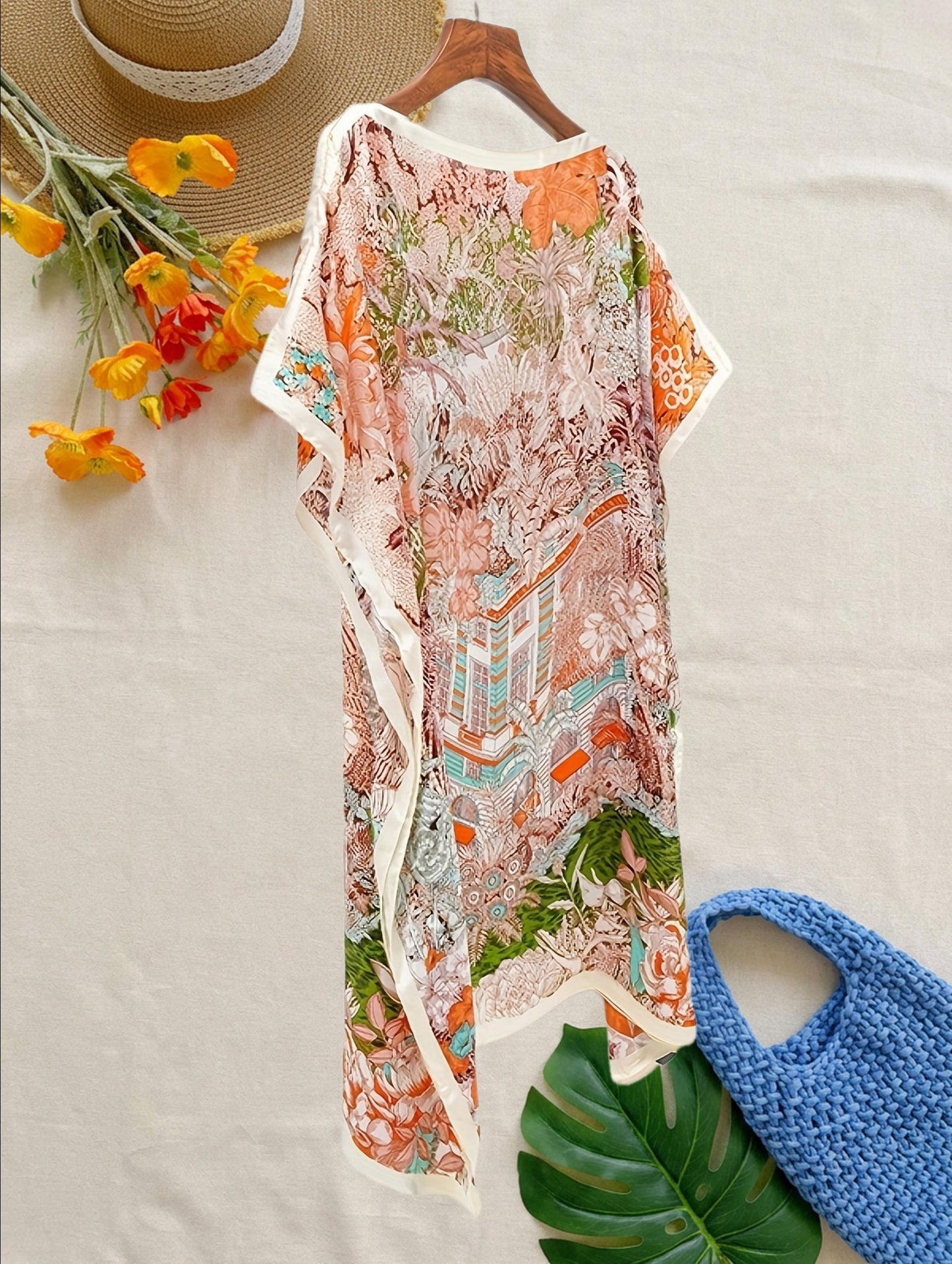 Bohemisk strandtunika för kvinnor med asymmetrisk stil och blommigt tryck, chic för semestern