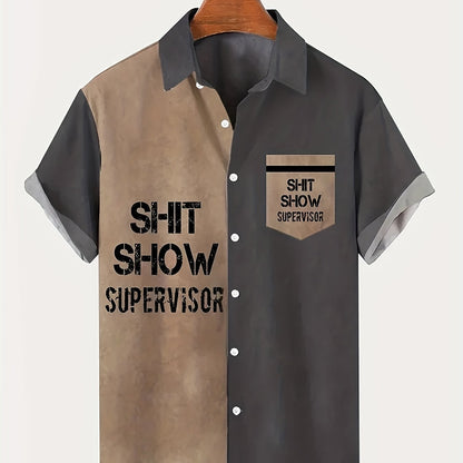 Vintage herenoverhemd met korte mouwen en humoristische opdruk – Casual zomerstijl supervisor « Shit Show »