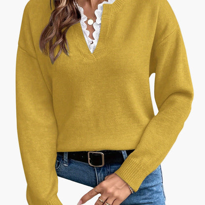 Pull élégant femme col V avec détail dentelle, manches longues, coupe ample, style casual chic pour automne/hiver