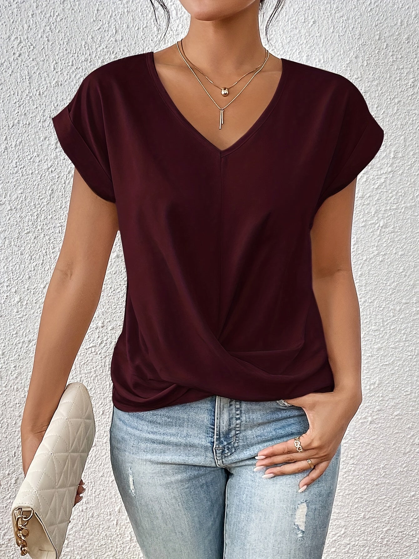 Elegant Women's Blouse Casual Style V-Neck Short Sleeves for Office and Outings