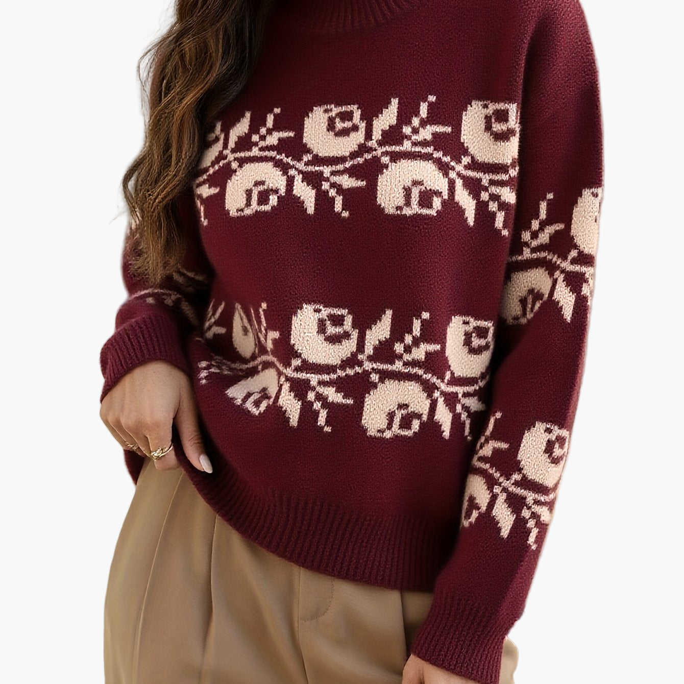 Pull jacquard à fleurs élégantes pour femme, style automne-hiver, manches longues